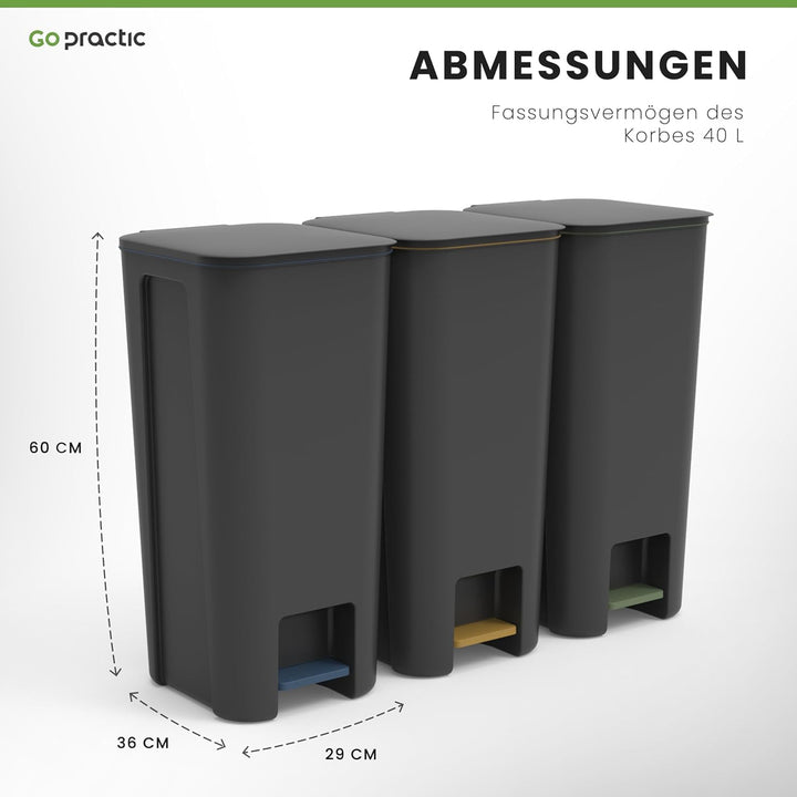 Treteimer Set 3x40L Grau, Tretmülleimer mit Pedal und Deckel, Mülleimer, Mülltrennsystem für Papier,