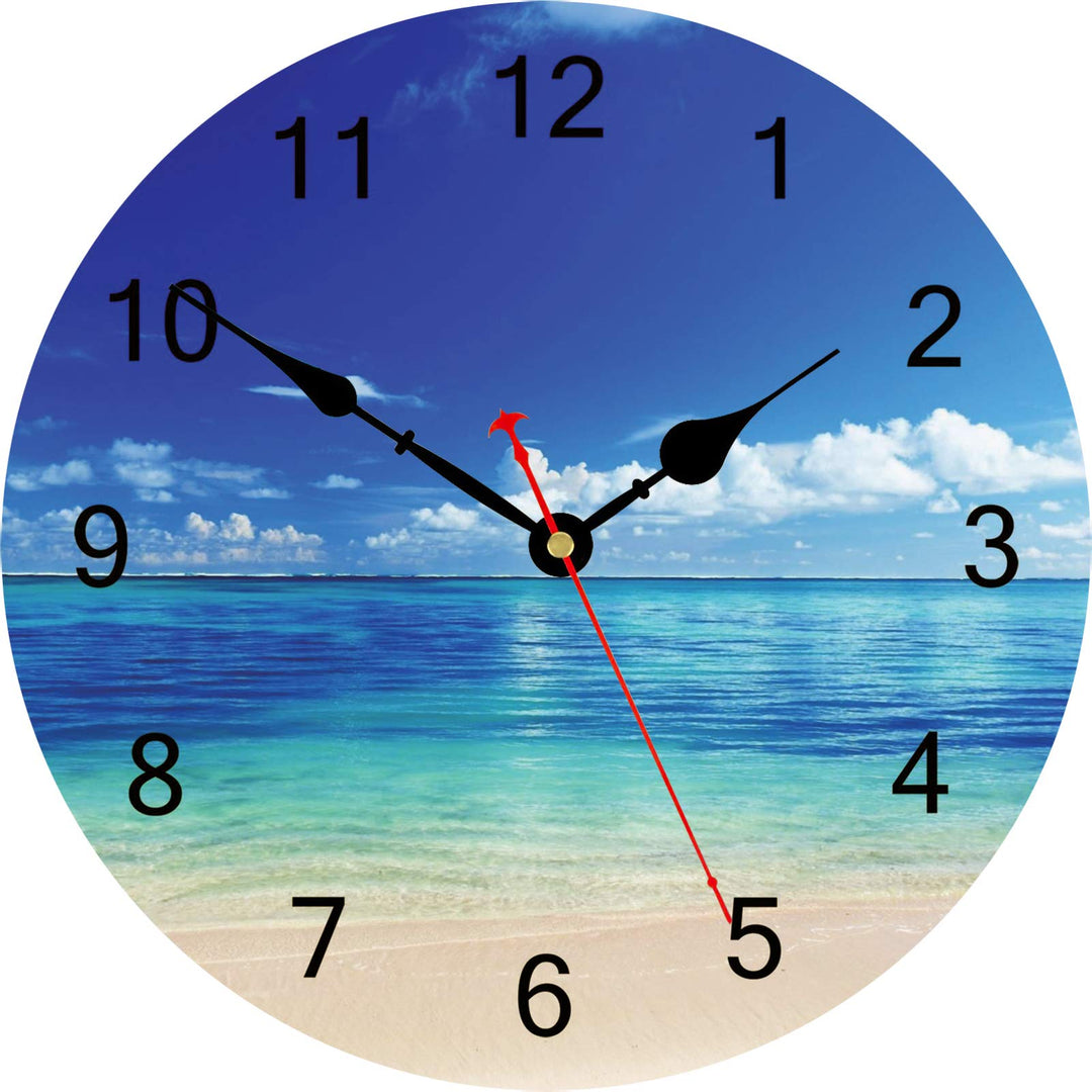 TAHEAT 20 cm Blau Himmel Meer Wanduhr, Ohne Tickgeräusche Leise Holz Strand Uhren, Modern Dekorativ