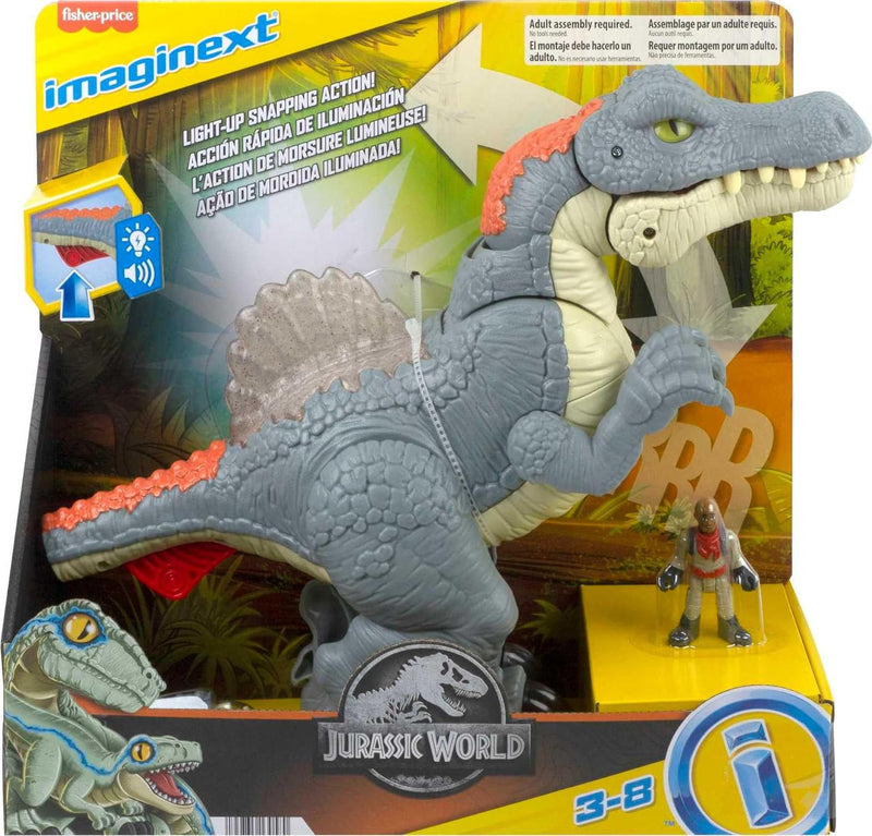 Imaginext Jurassic World Spielzeug-Dinosaurier, Ultra Snap Spinosaurus mit Licht, Geräuschen und Sch