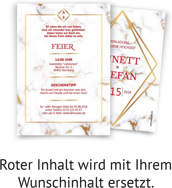 10 x Hochzeitseinladungen Goldhochzeit goldene Hochzeit Einladung individuell - Marmor 10 Stück Gold