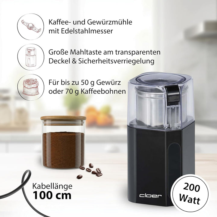 Cloer 7580 Elektrische Kaffee-und Gewürzmühle, 200 W, für Pesto, Nüsse und Getreide, bis zu 70 g Kaf