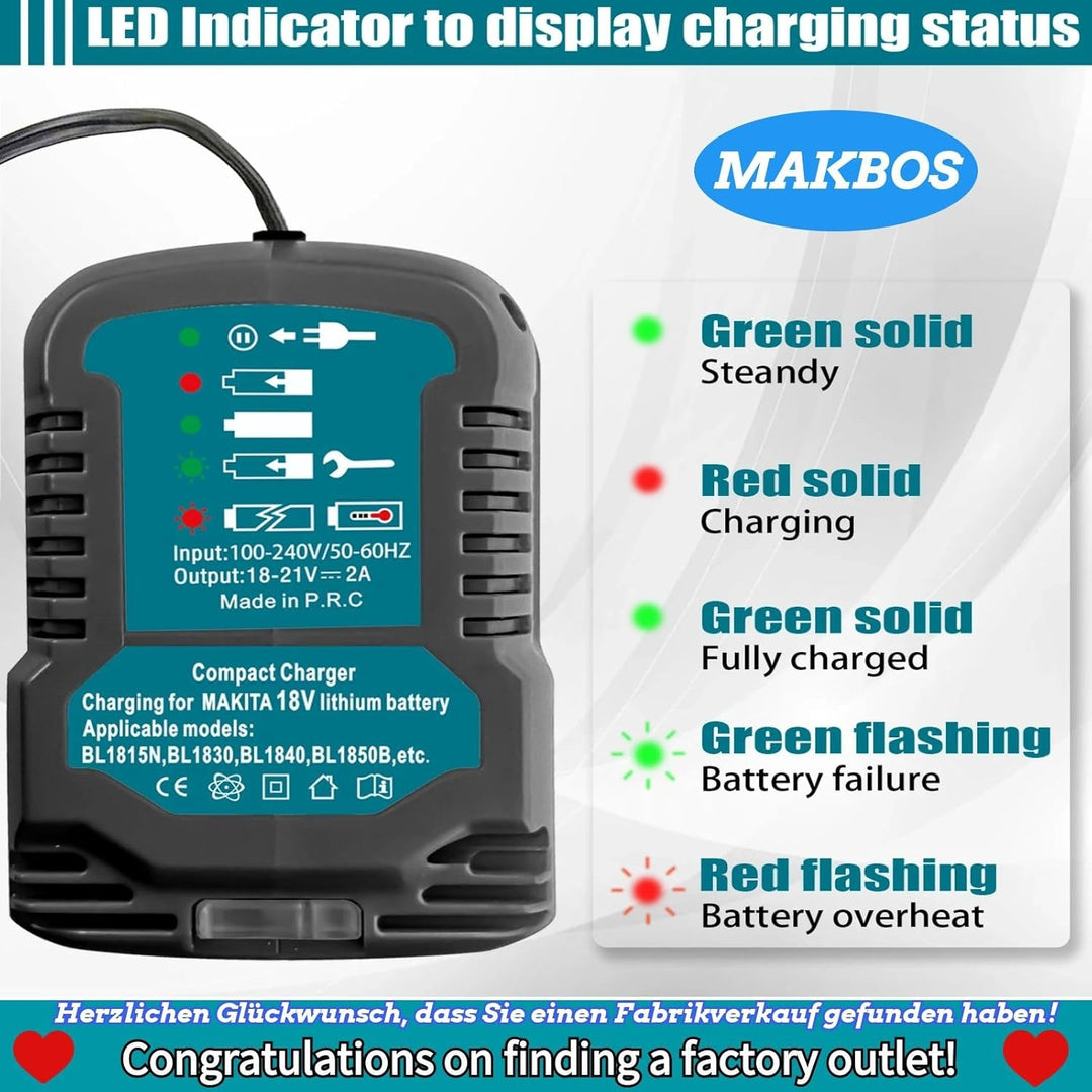 MAKBOS Ladegerät Kompatibel mit Makita 18V Akku BL1850B BL1860 BL1830 BL1815,Ersatz DC18RC 18V Schne