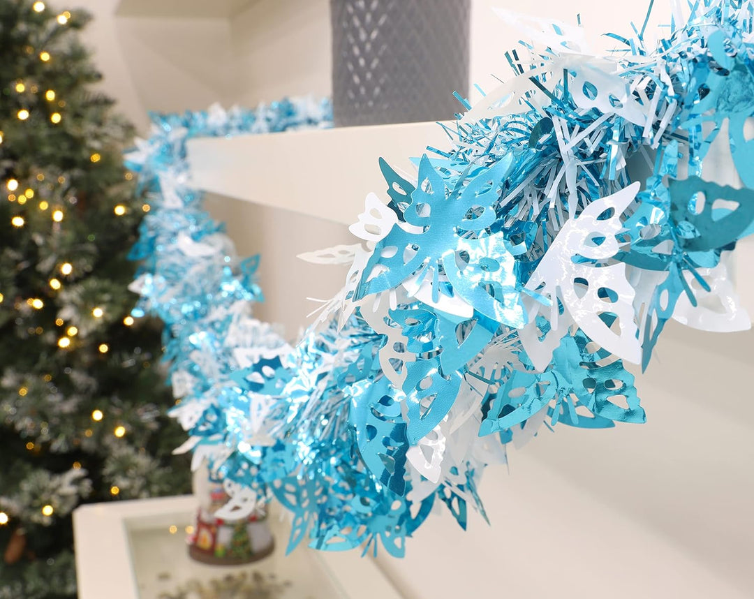 Christmas Concepts® 3m Blau & Weiss Lametta mit Schmetterlingen - Weihnachtsschmuck Blau & Weiss mit
