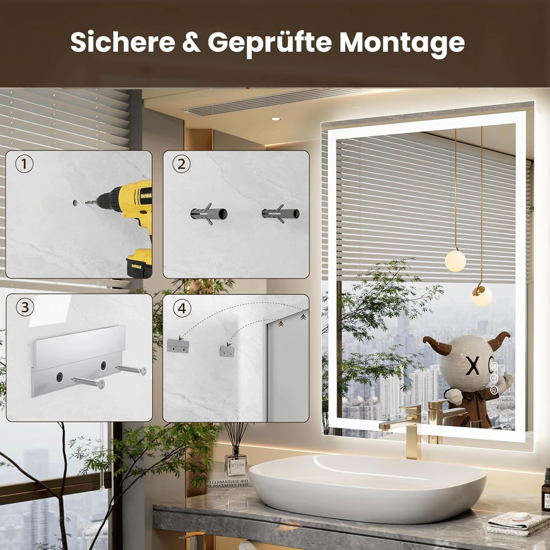 LED-Badezimmerspiegel, 60 x 100 cm Kosmetikspiegel Mit Beleuchtung, Beleuchteter Wandspiegel, Touch