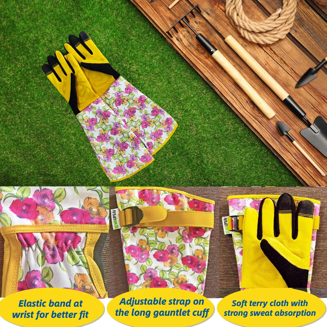 Gartenhandschuhe aus Leder für Damen, lange Manschette, Gartenhandschuhe mit Touchscreen-Design, Sic