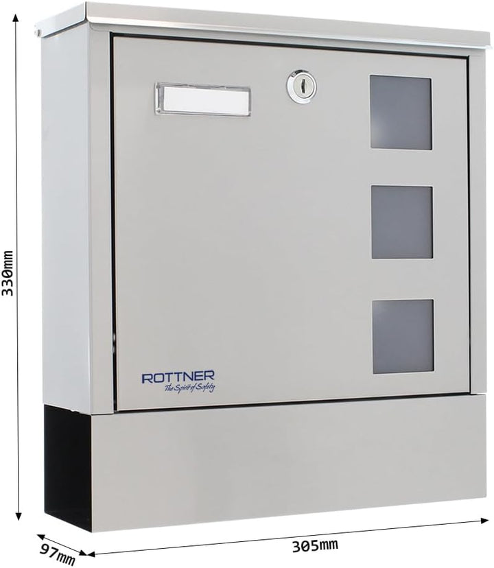 Rottner Briefkasten Lago INOX, Zylinderschloss mit 2 Schlüssel, Edelstahl, BxH 305x330 mm, Befestigu