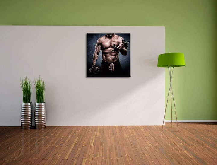 Pixxprint Starker Bodybuilder mit Hantel, Format: 70x70 auf Leinwand, 70x70