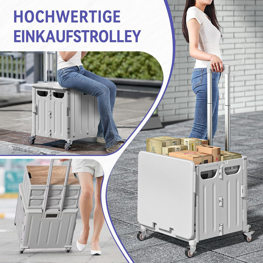 Einkaufstrolley Klappbar, Einkaufskorb mit Deckel 45L Kapazität, Alu Teleskopgriff, Faltbarer Shoppi