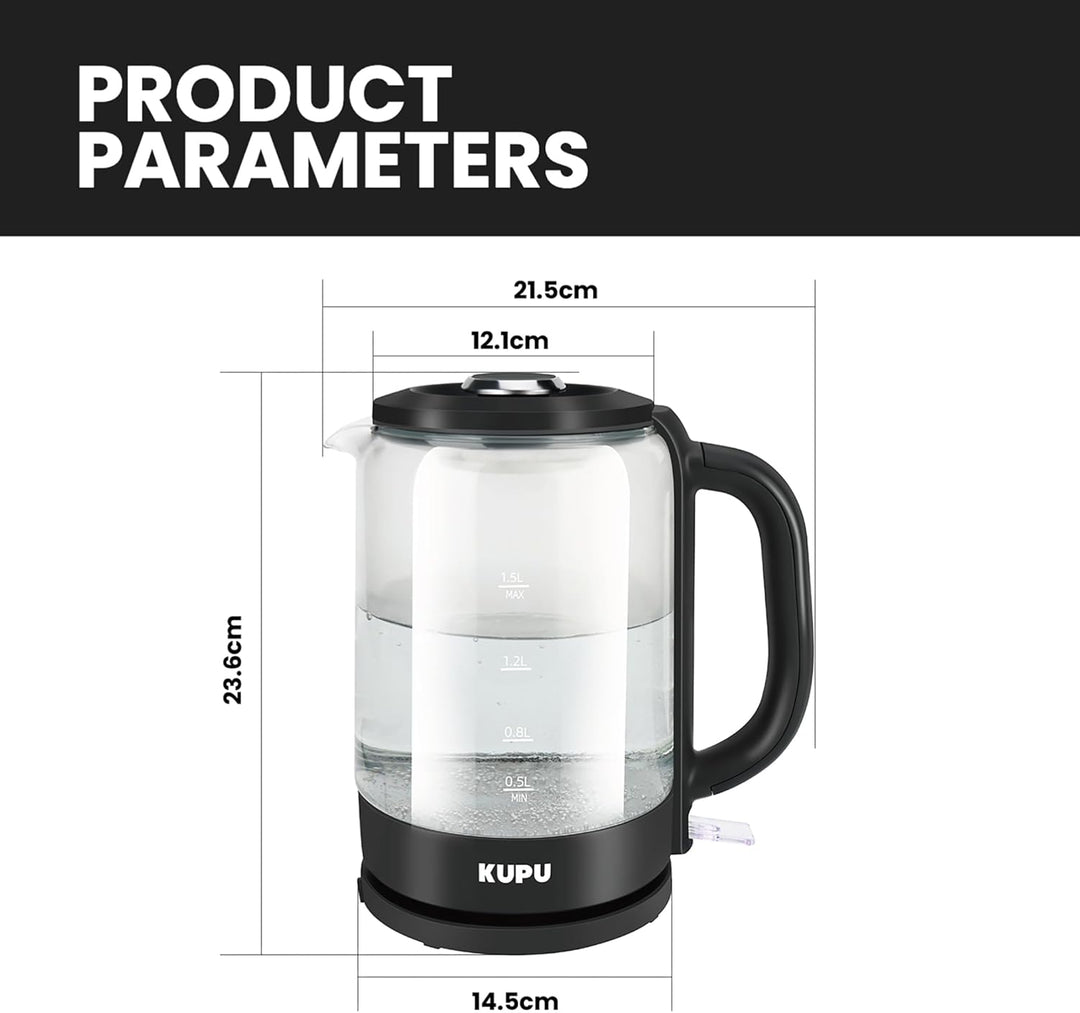 KUPU Glas Wasserkocher, 1.5 Liter, 2200 Watt schnelles Aufheizen, kompakter Glaswasserkocher, BPA-fr