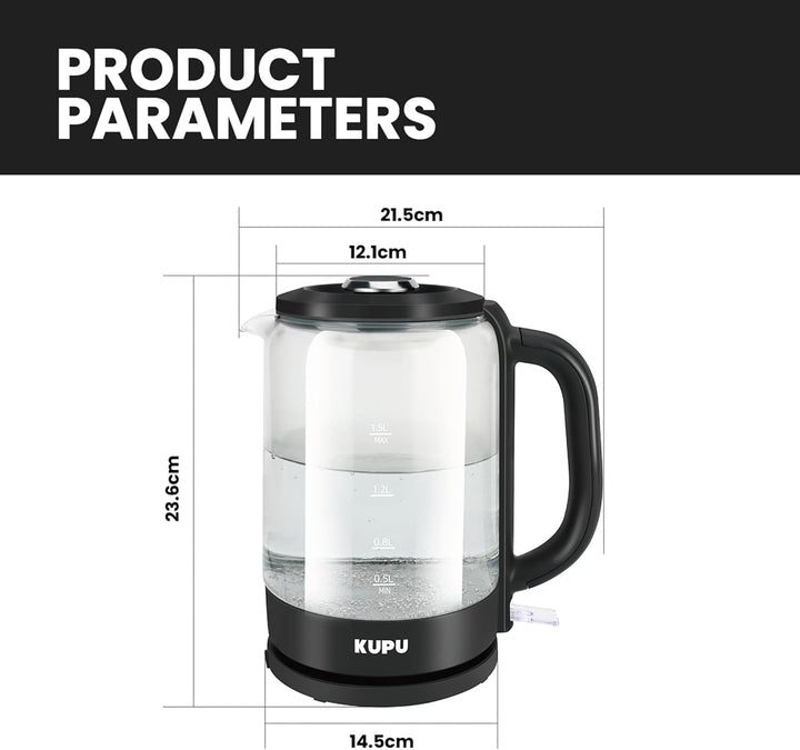 KUPU Glas Wasserkocher, 1.5 Liter, 2200 Watt schnelles Aufheizen, kompakter Glaswasserkocher, BPA-fr