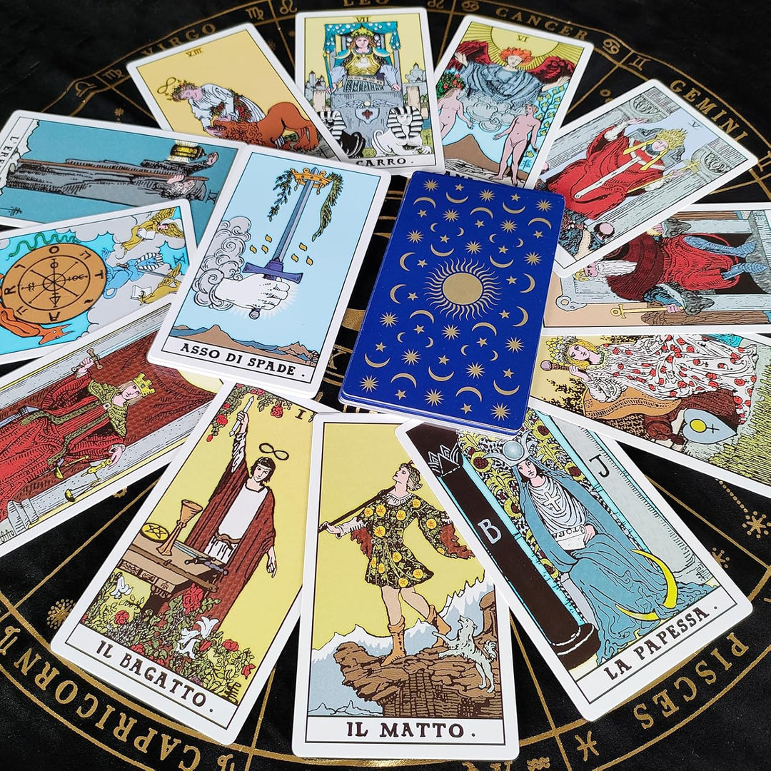 Klassisches Tarotdeck mit 78 Karten für Anfänger mit Leitfaden auf Italienisch.