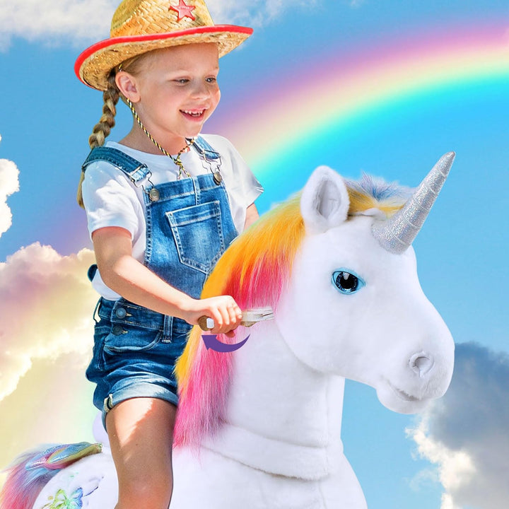 PonyCycle Einhorn Reitpferd, für Kinder 4–7 Jahre, 89cm Hoch, Pferd mit Rollen mit Handbremse, Einho