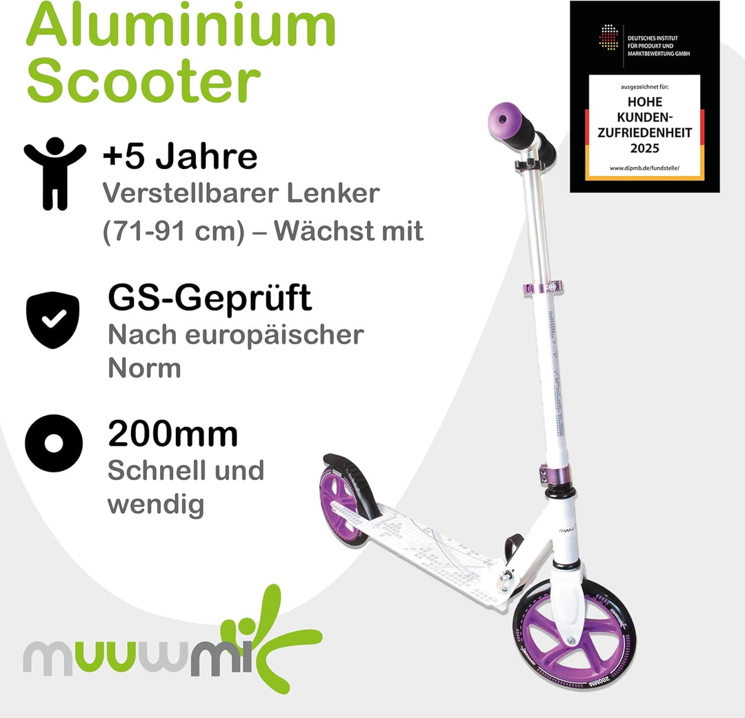 Muuwmi Aluminium Scooter - Scooter mit 200 mm Rädern | ABEC 5 | GS-geprüft | Höhenverstellbar | Klap