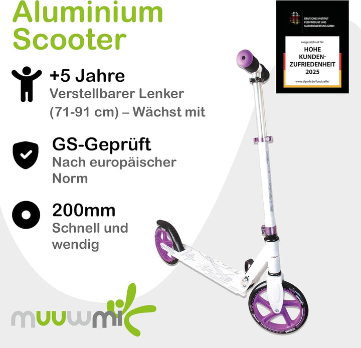 Muuwmi Aluminium Scooter - Scooter mit 200 mm Rädern | ABEC 5 | GS-geprüft | Höhenverstellbar | Klap