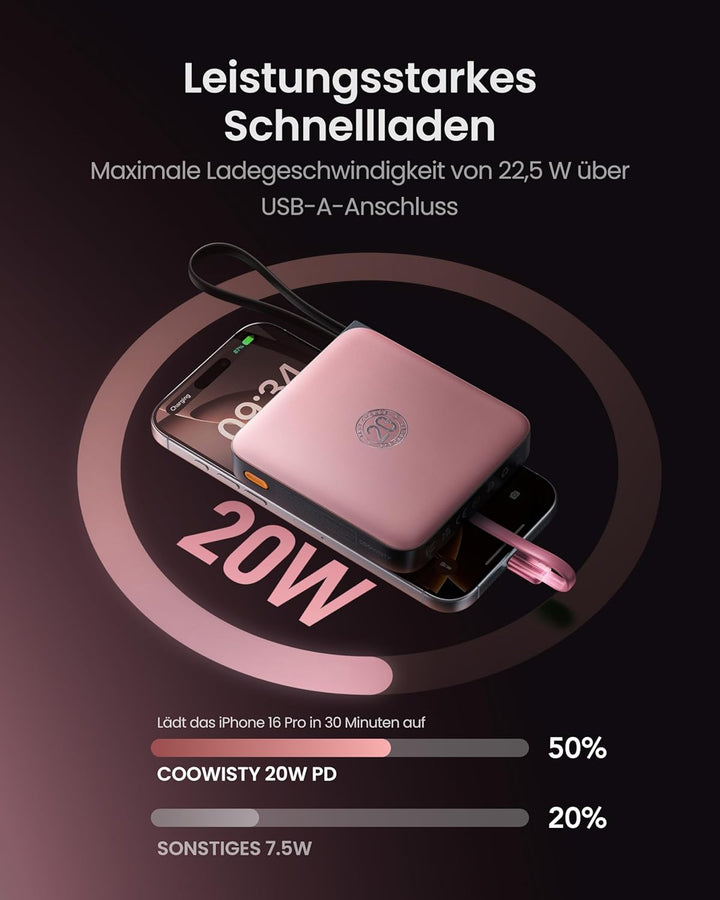 Powerbank 20000mAh USB-C 22.5W Schnellladung, Tragbarer Akku mit 4 Integrierten Kabeln & LED-Display