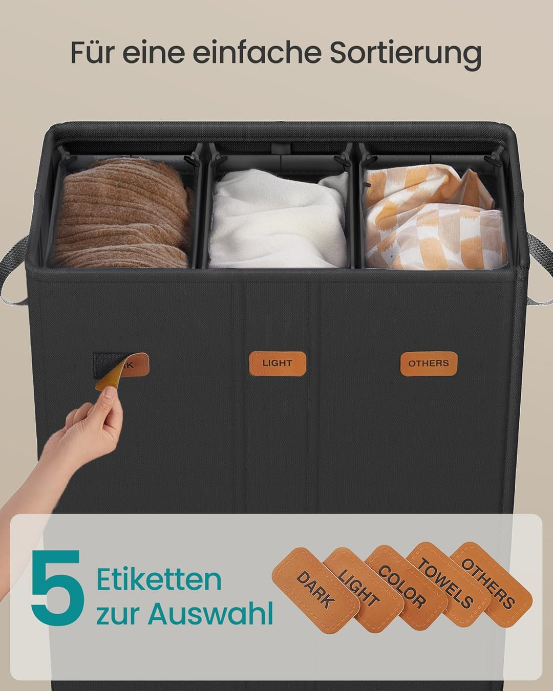 SONGMICS Wäschekorb mit 3 Fächern, 160 L, mit Deckel, 5 Etiketten, herausnehmbarer und waschbarer In