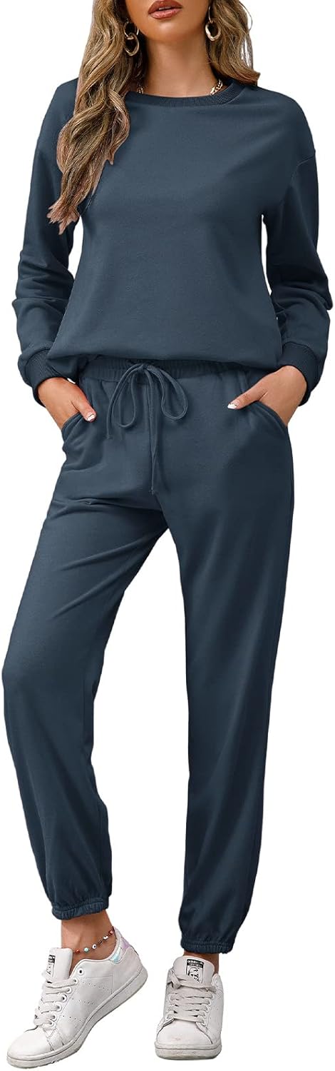 REORIA Damen Tracksuit Langarm Rundhalsausschnitt Einfarbig Zweiteiler Outfit Hoodie Jogger Training