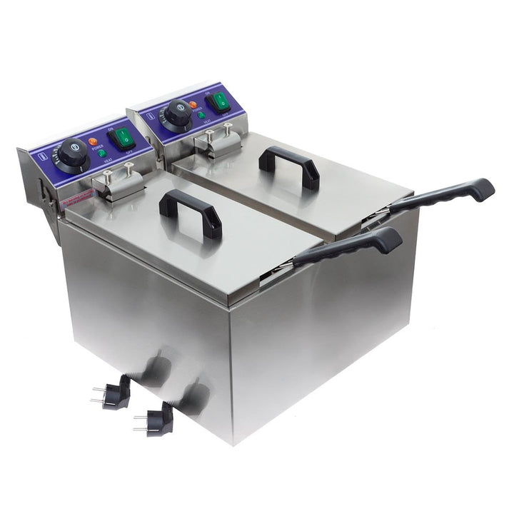 Elektro-Doppelfritteuse 16L Edelstahl – 2 x 8L Kammern, je 2000W – Profi Fritteuse mit Temperaturreg
