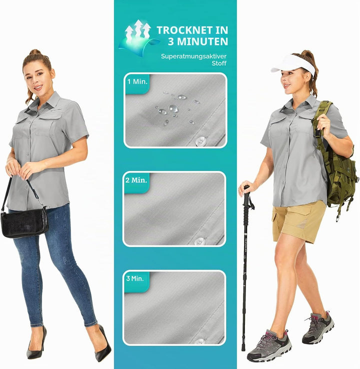 yeyity Hemdbluse Damen Kurzarm UV Schutz Wander Shirt Damen Atmungsaktiv Safari Hemd Schnelltrocknen