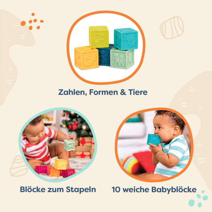 B. toys - One Two Squeeze - Baby-Blöcke - Stapel- und Bauspielzeug für Babys - 10 weiche Blöcke mit
