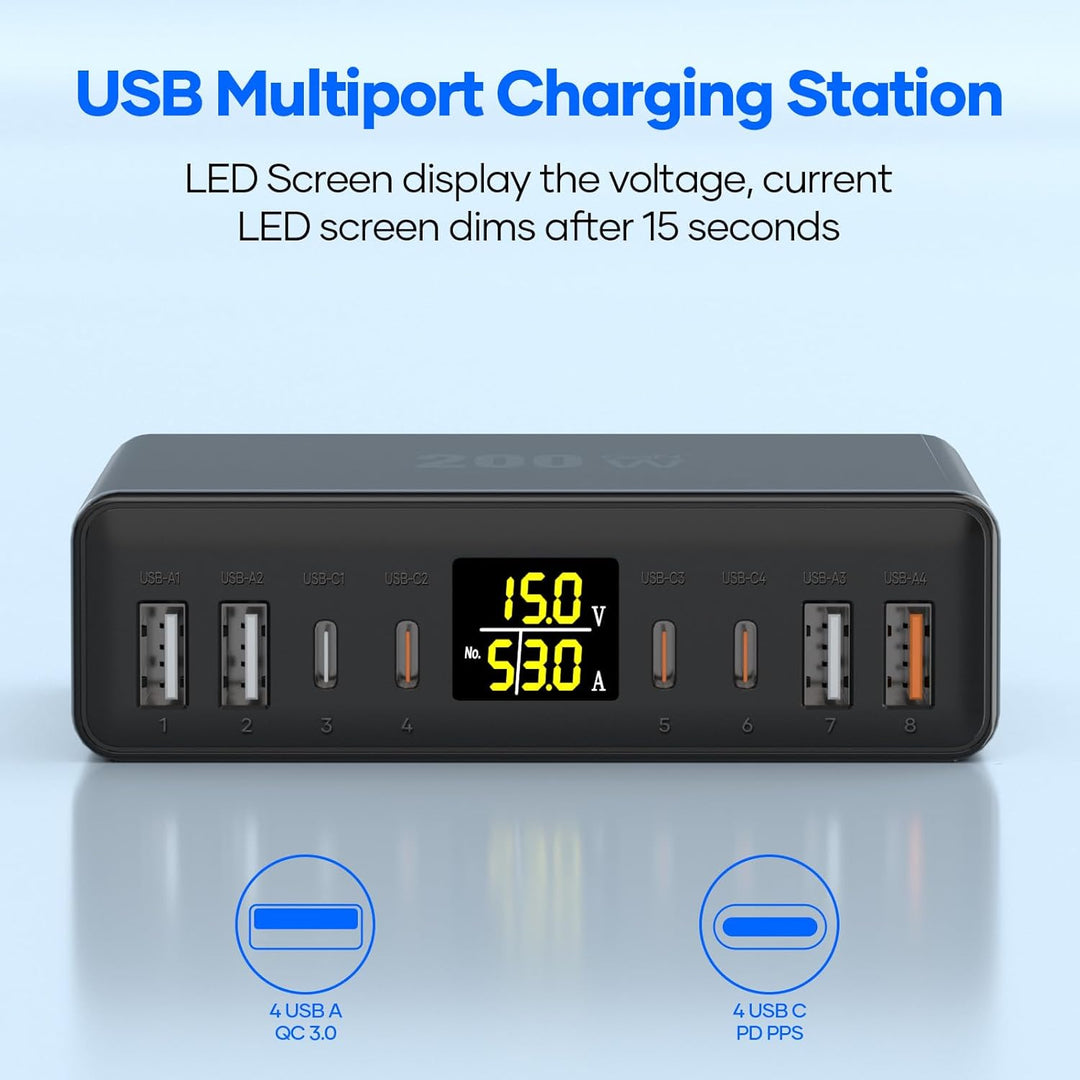 USB C Ladegerät Mehrfach 8-Port mit LED Anzeige, YSYFAD 200W GAN USB Ladestation PPS PD Type C Netzt