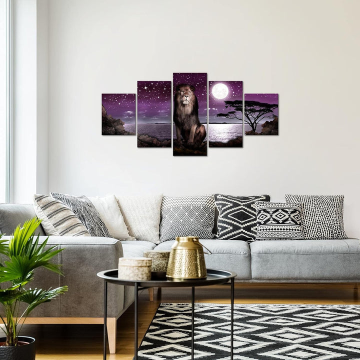 Runa Art Wandbilder Afrika Löwe 5 Teilig Bild auf Vlies Leinwand Deko Wohnzimmer Schlafzimmer Mond L