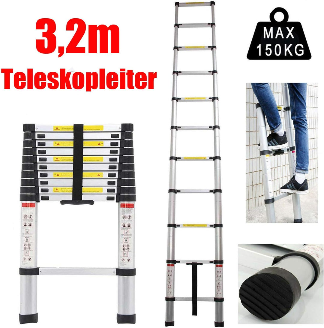3,2m Teleskopleiter Mehrzweckleiter für Dachboden/Kletterdach/Büronutzung/Baujob Ausziehbar Aluleite
