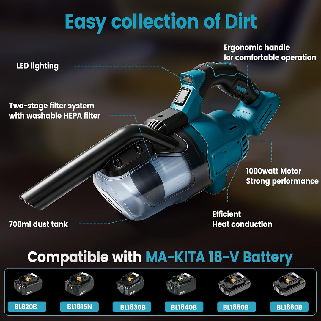 Akku-Handstaubsauger kompatibel mit Makita 18V, 16000Pa, mit 4 Düsen und 0,75-Liter-Staubbehälter fü