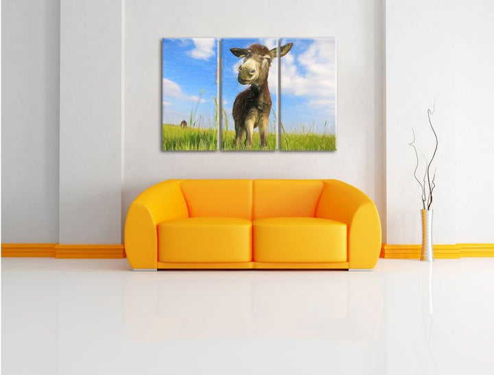 Pixxprint Esel in einem Feld in sonnigen Tag Kunst Buntstift Effekt 3-Teiler Leinwandbild 120x80 Bil