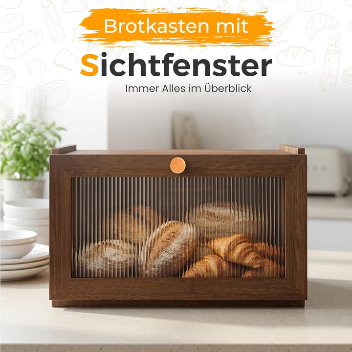 AH® Brotkasten Holz Vintage mit Sichtfenster – Brotbox mit Belüftung – Bread box– Brotbewahrung im L
