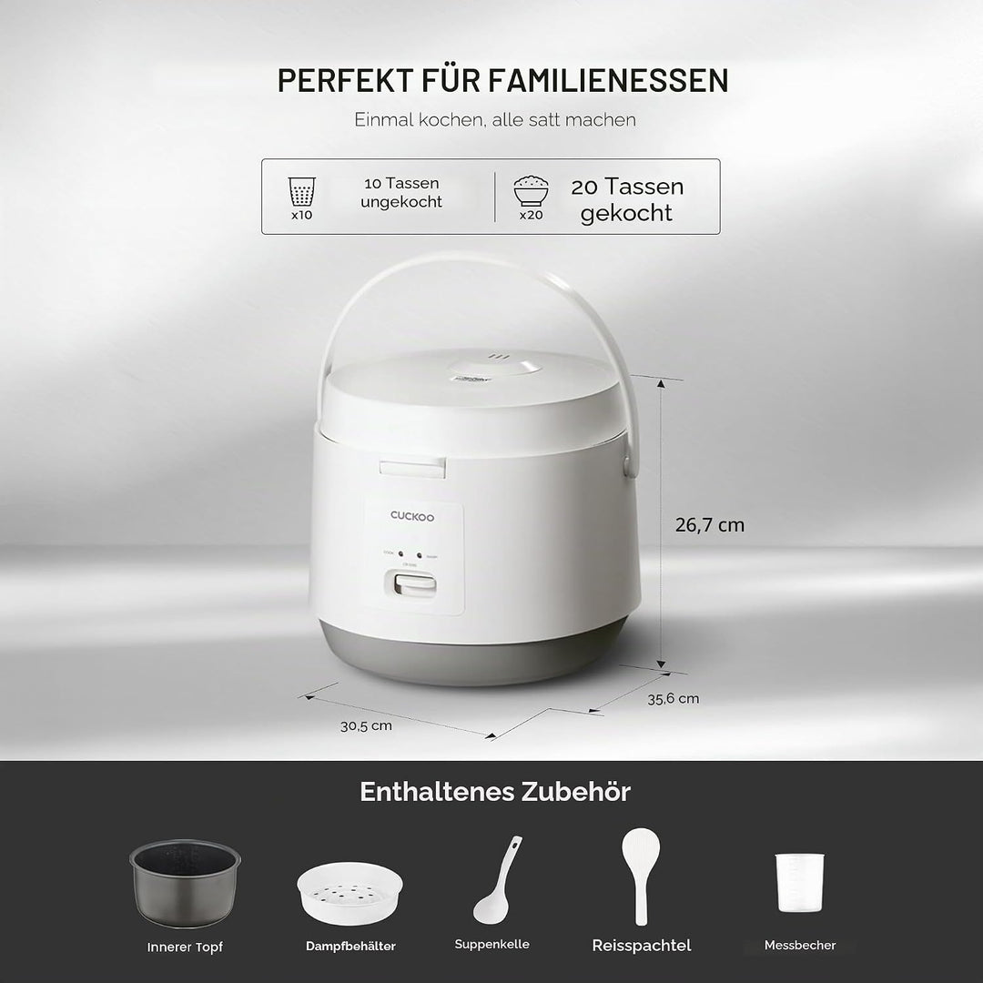 CUCKOO CR-1095 10 Tassen (ungekocht) / 20 Tassen (gekocht) Basic Reiskocher und Wärmer mit antihaftb