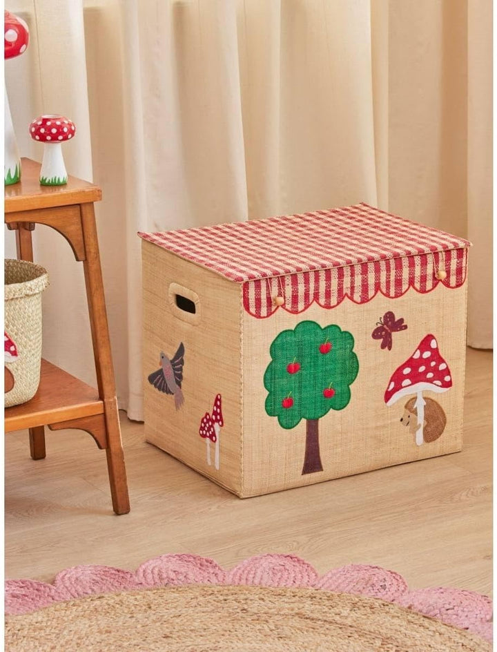RICE Aufbewahrungskorb Happy Forest | Kinderzimmer-Korb mit Waldmotiv, Deckel & Griffen | Handgefert