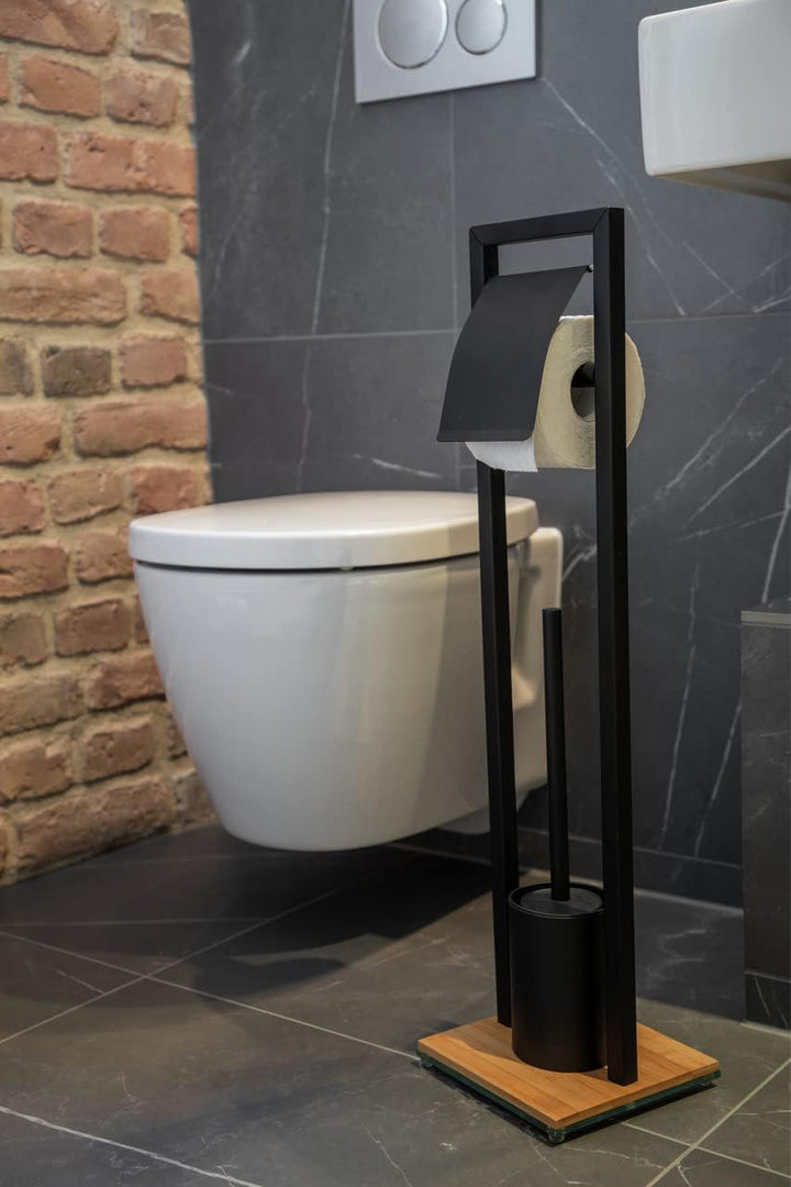 WENKO Stand WC-Garnitur Bambusa, inkl. Rollenhalter und WC-Bürste im Loft-Stil, matt lackierter Stah