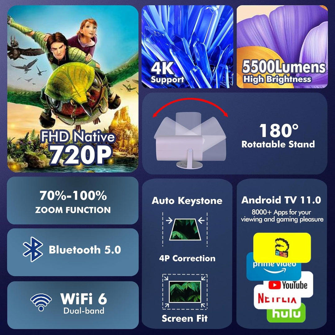 Projector 4K Projektor Mini Beamer Smart Klein Portable für Handy Bluetooth mit Android 11.0 OS, WiF