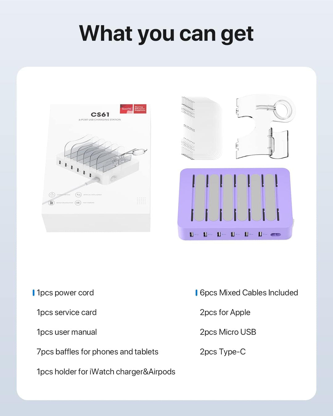 SooPii USB-Ladestation Organizer für mehrere Geräte, 6 Ports 50W Ladestation mit 6 Kabeln und aktual