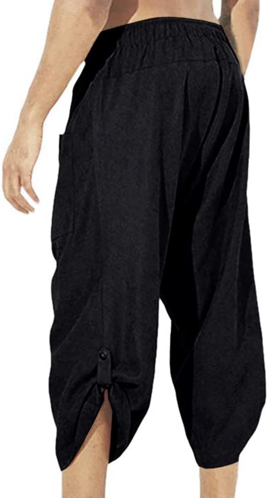 COSDREAMER Herren Mittelalter Hose Wikinger Pirat Kostüm Hose (X-Large, Schwarz 3/4) XL Schwarz 3/4,