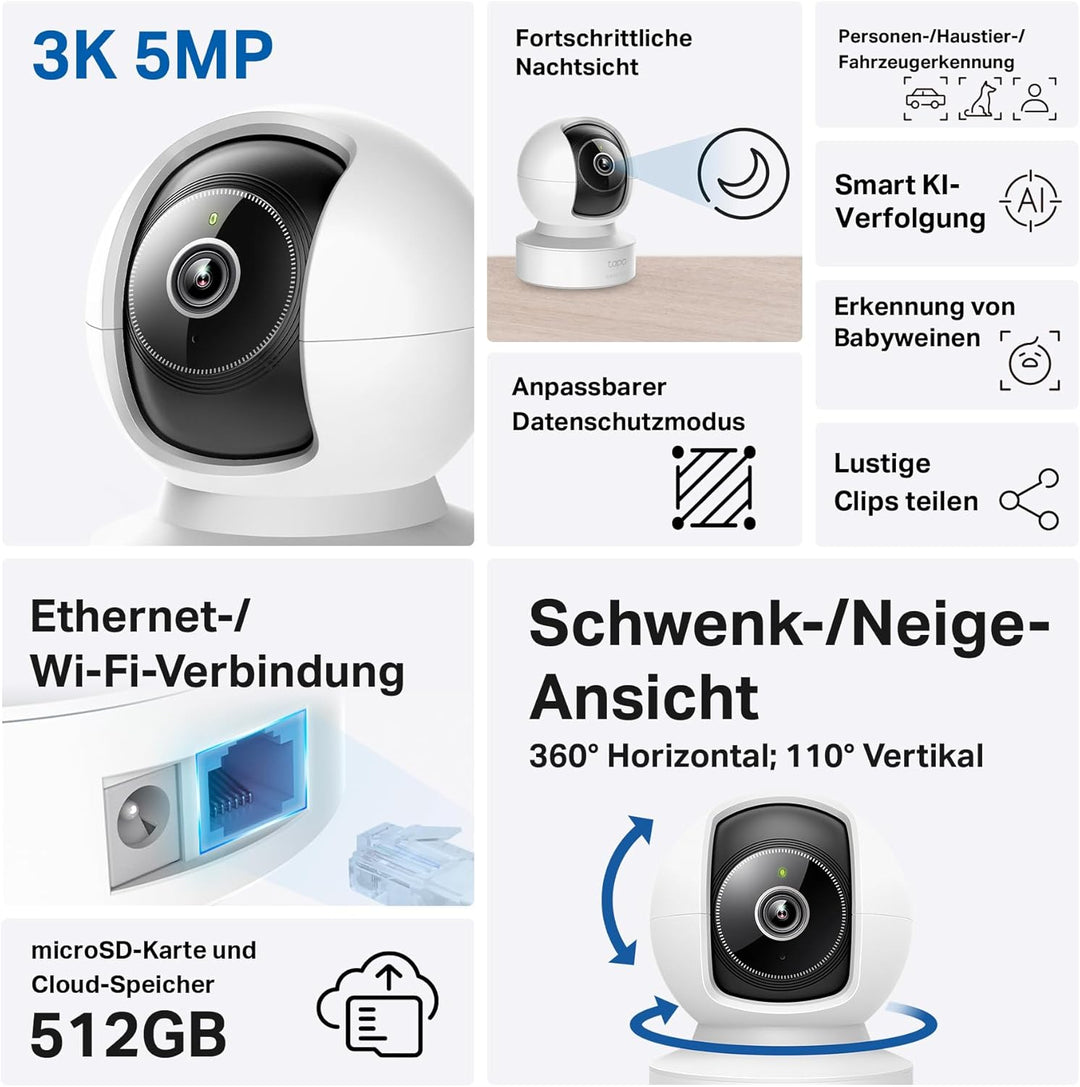 Tapo C232 360° KI-WLAN-Überwachungskamera, Ethernet/WLAN, 3K 5MP, Bewegungsverfolgung, Nachtsicht, Z