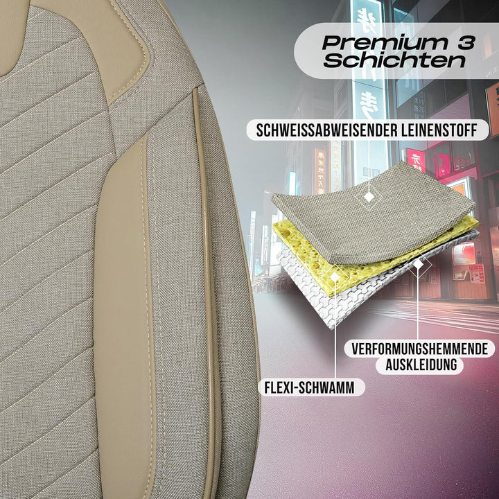 Autositzbezüge Universal für PKW & SUV – Premium Vordersitze Auto Sitzbezug aus Leinen, Beige, Airba