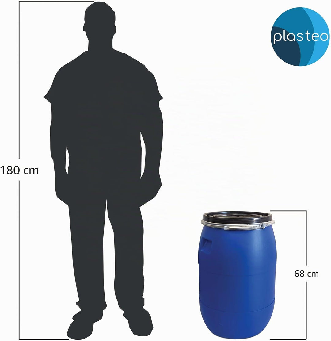plasteo® 85 Liter Weithalsfass mit Deckel und Spannring, Lebensmittelecht BPA-Frei, Futtertonne Kuns