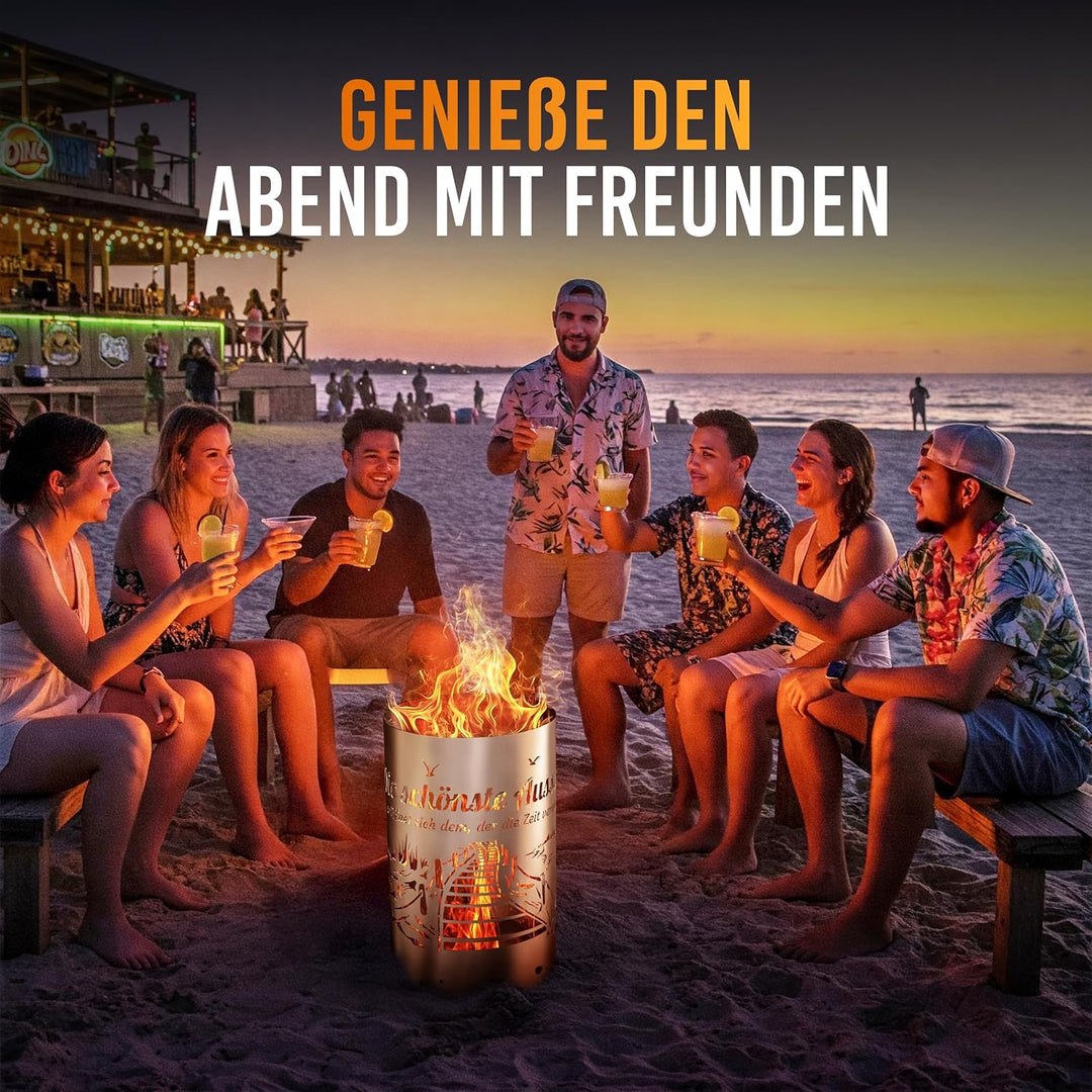 TiKo-Design Feuertonne Strand & Steg Motiv mit Spruch – „Die schönste Aussicht eröffnet Sich dem, de