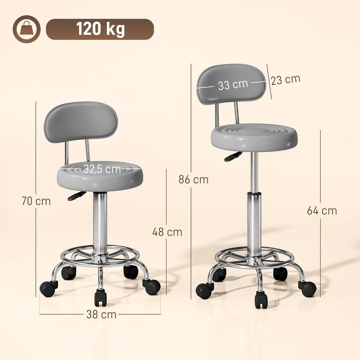 HOMCOM Rollhocker höhenverstellbar Drehhocker Drehbar Salon Hocker mit Lehne, Rädern, Arbeitshocker