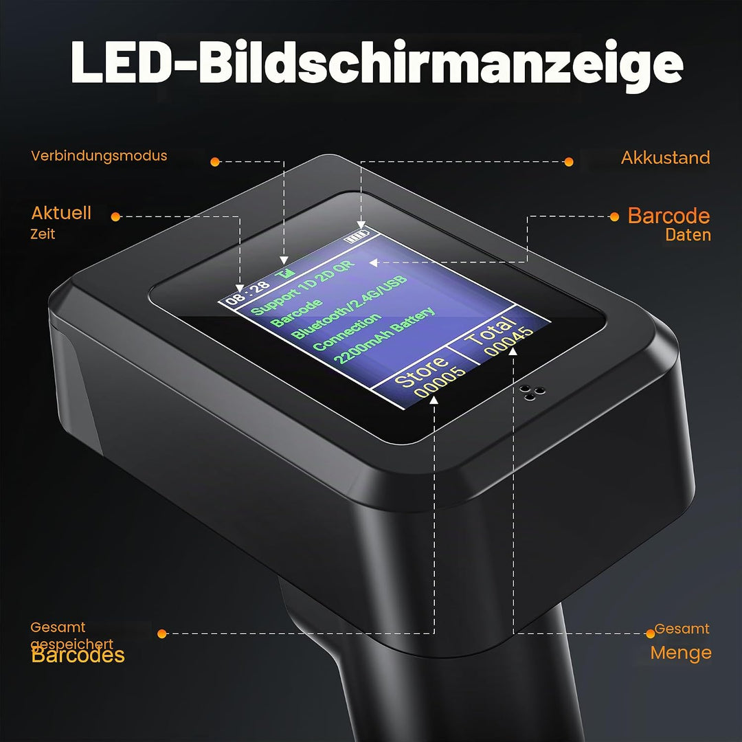 Tera 2D HW006 Barcode-Scanner, kabellos, QR-Code-Scanner mit Bluetooth, Zeitanzeige, Bildschirm, Bat