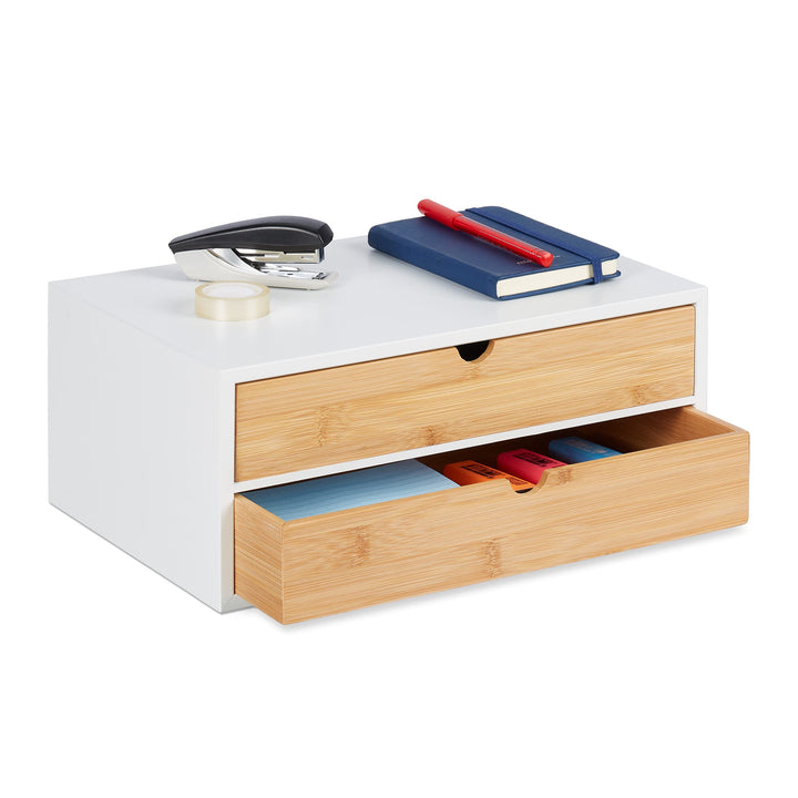 Relaxdays Schubladenbox, Bambus & MDF, Mini Kommode 2 Schubladen, HBT: 14x33x21 cm, Schreibtisch Org