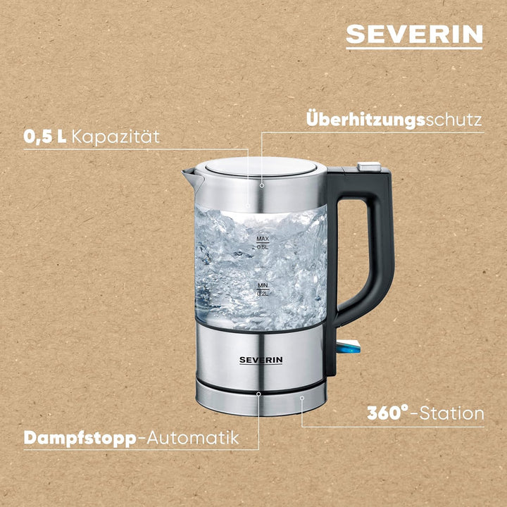 SEVERIN Mini Glas Wasserkocher, leistungsstarker und kompakter Wasserkocher in hochwertigem Design,