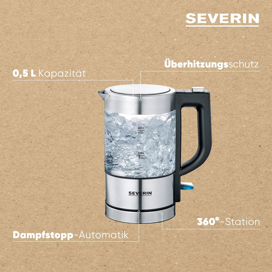 SEVERIN Mini Glas Wasserkocher, leistungsstarker und kompakter Wasserkocher in hochwertigem Design,