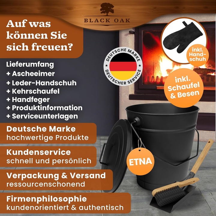 BLACK OAK Ascheeimer ETNA 14L – Set Schaufel Besen & Lederhandschuh schwarz | - gross 14 Liter - Sta
