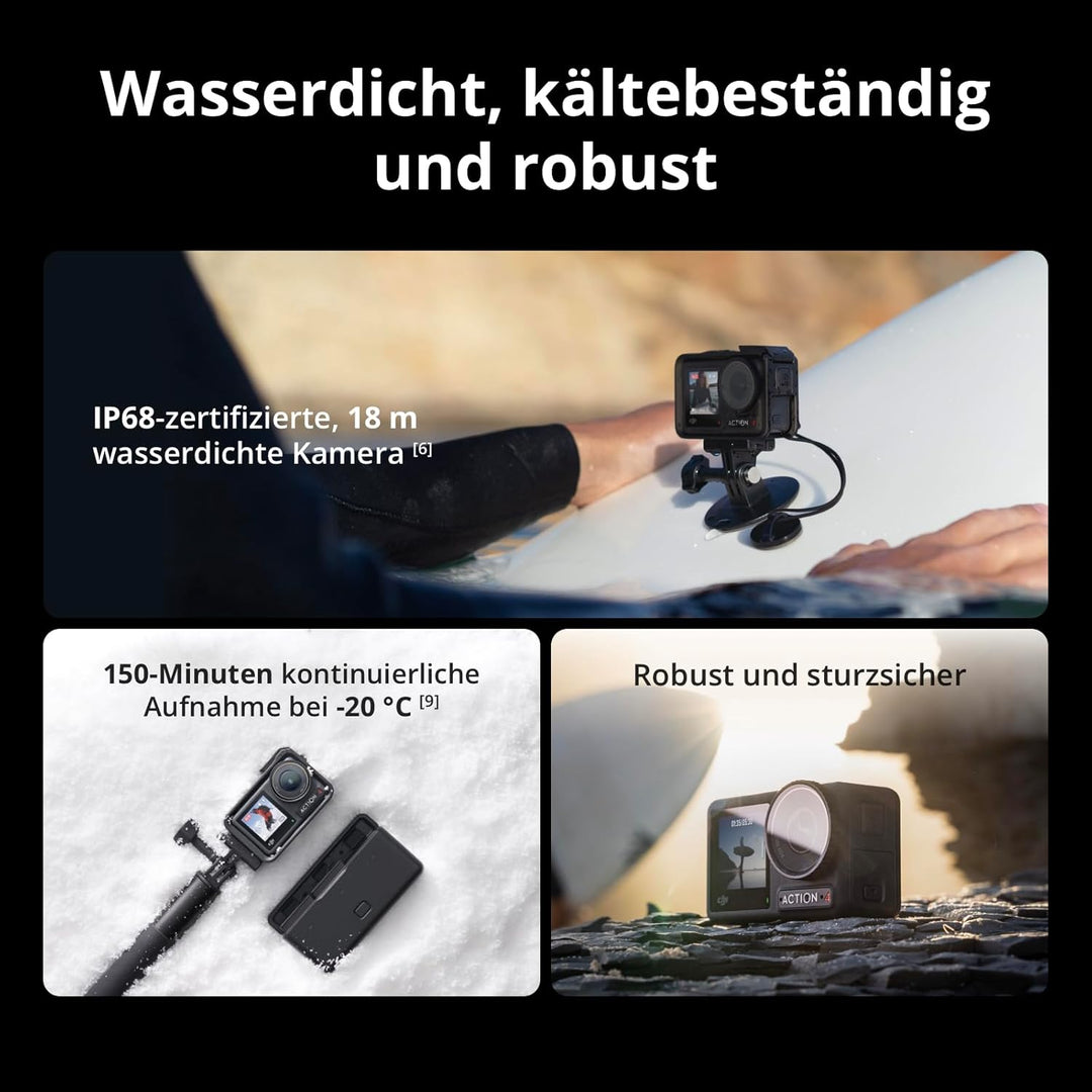 DJI Osmo Action 4 Adventure-Combo – 4K/120fps wasserdichte Kamera, 1/1,3-Zoll-Sensor, 10-Bit und D-L