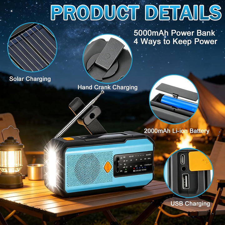 Notfall Radio, Emergency Radios, 5000mAh Notfallradio, Blaues Kurbelradio, SOS Alarm, AM/FM/NOAA Wet