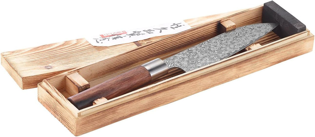 TokioKitchenWare Damastmesser: Handgefertigtes Marken-Damast-Santokumesser mit 16-cm-Klinge (Santoku