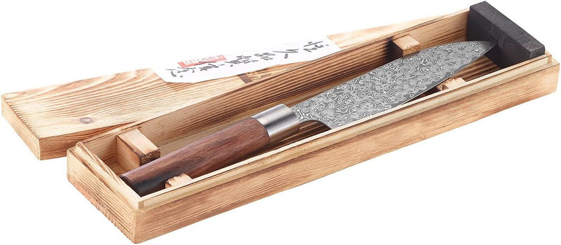 TokioKitchenWare Damastmesser: Handgefertigtes Marken-Damast-Santokumesser mit 16-cm-Klinge (Santoku